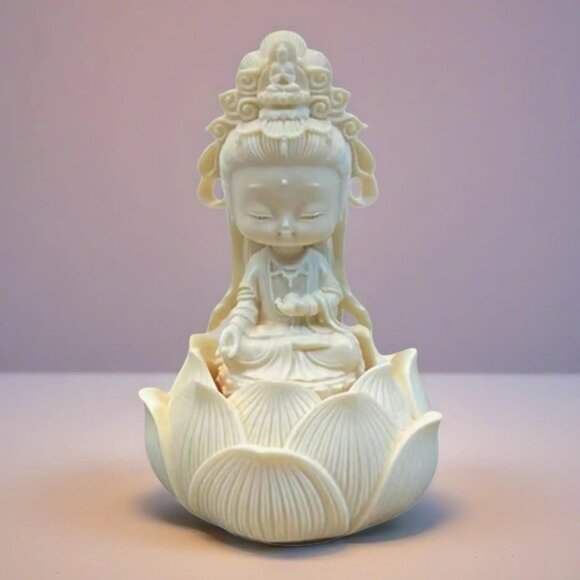 Mini GUANYIN BUDDHA Statue in Lotus Flower Small Baby -Ivory Resin-Bodhisattva - Picture 1 of 12